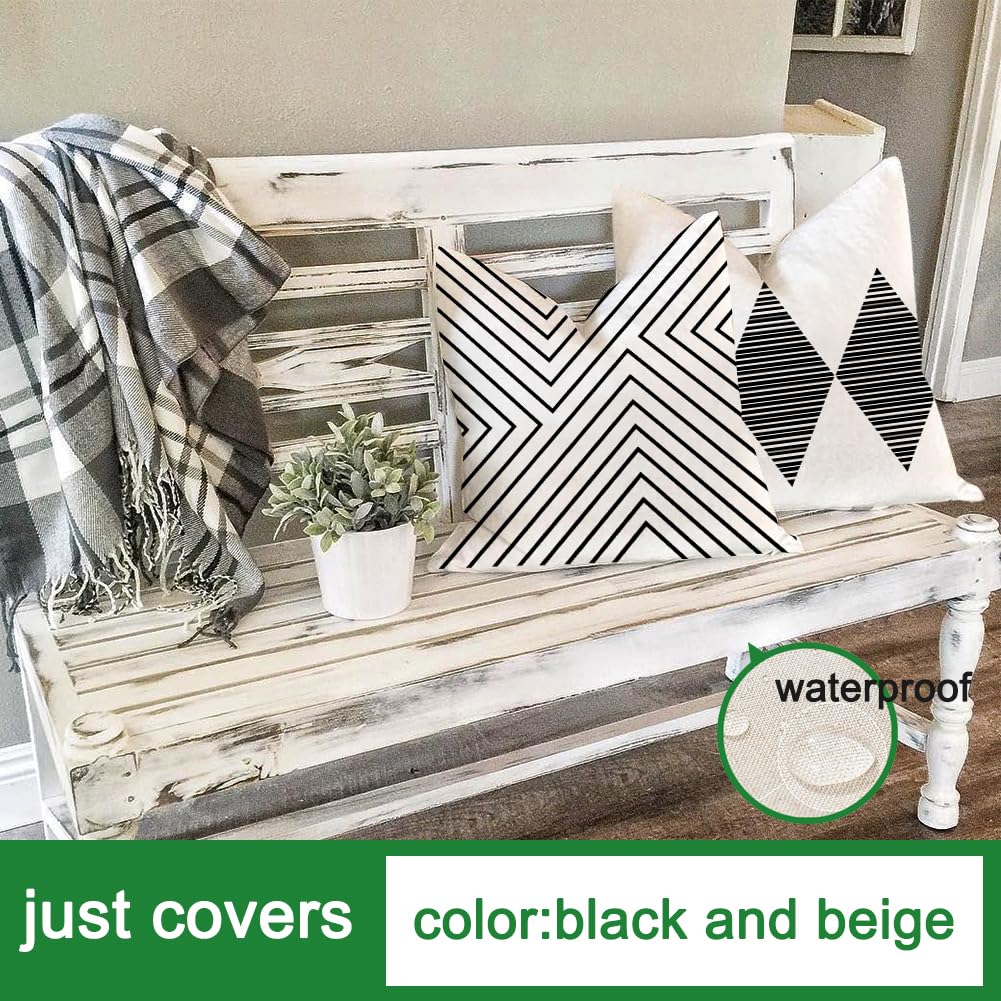 RABUSOFA Outdoor Pillows Waterproof,18x18 inch Black and White Throw Pillows Boho Set of 4 for Patio Furniture,Sunbrella Outdoor Pillow Covers for Couch(2W-18) (no Insert)