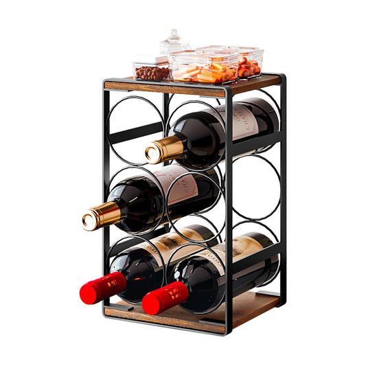 Dazioter Wood Countertop Wine Rack No Need Assembly 6 Bottles Black + Rustic Brown