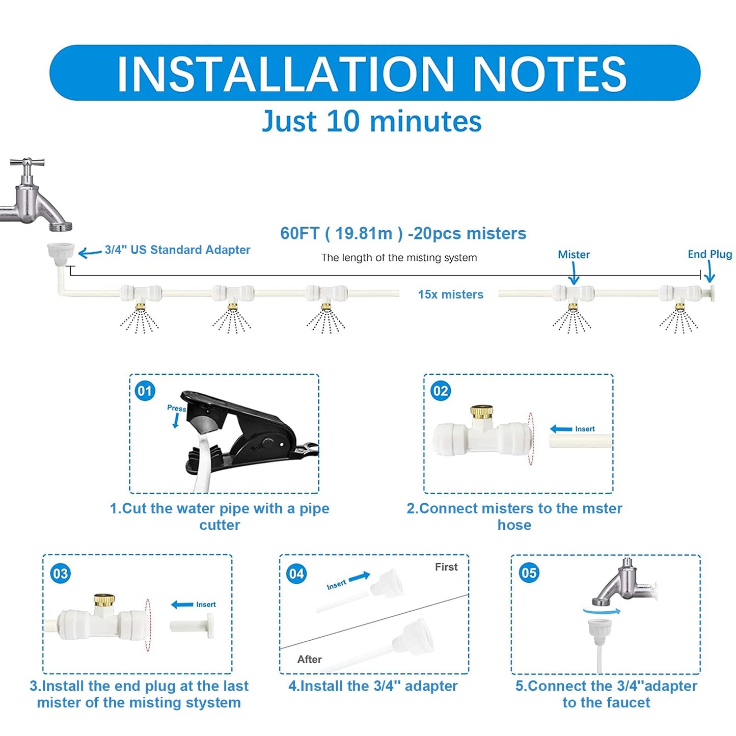 Mister System for Outside Patio, White Misting Kit for Backyard, 65Ft|20M.