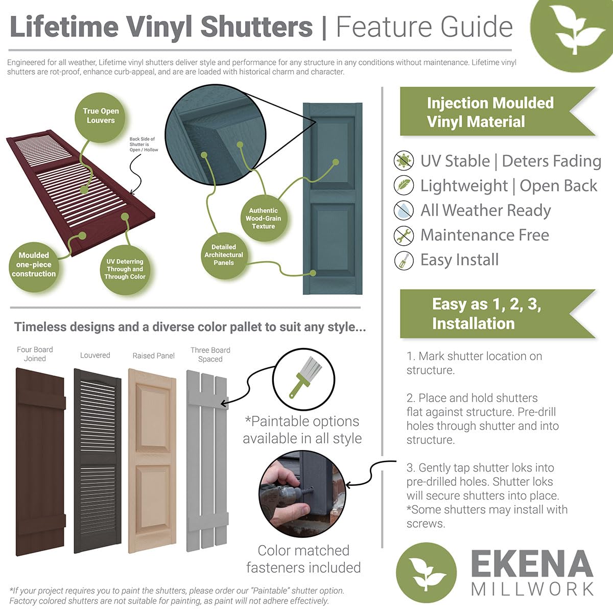 14 3/4"W x 55"H Lifetime Vinyl, Standard Two Equal Panels, Raised Panel Shutters, w/Installation Shutter-Lok's & Matching Screws (Per Pair), Storm Cloud