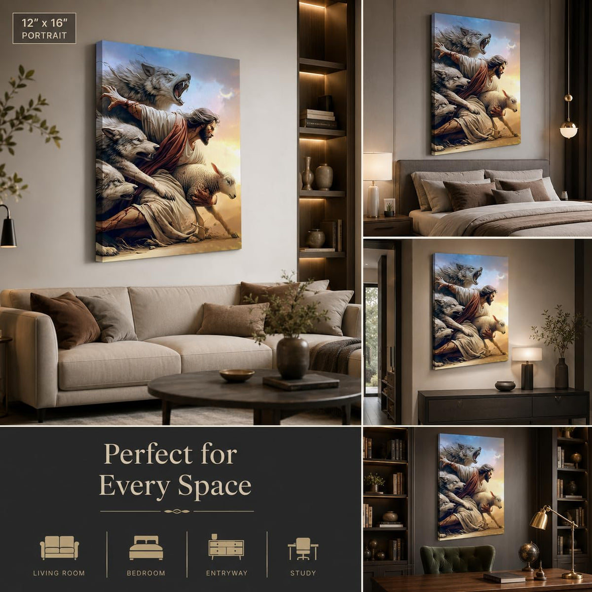 Jesus And Lamb Wall Art Jesus Saves The Lost Lamb Wolf Painting Picture Wall Decor The Shepherd'S Protection Poster Print Artwork t for Living Room Bedroom Church Home Decortion