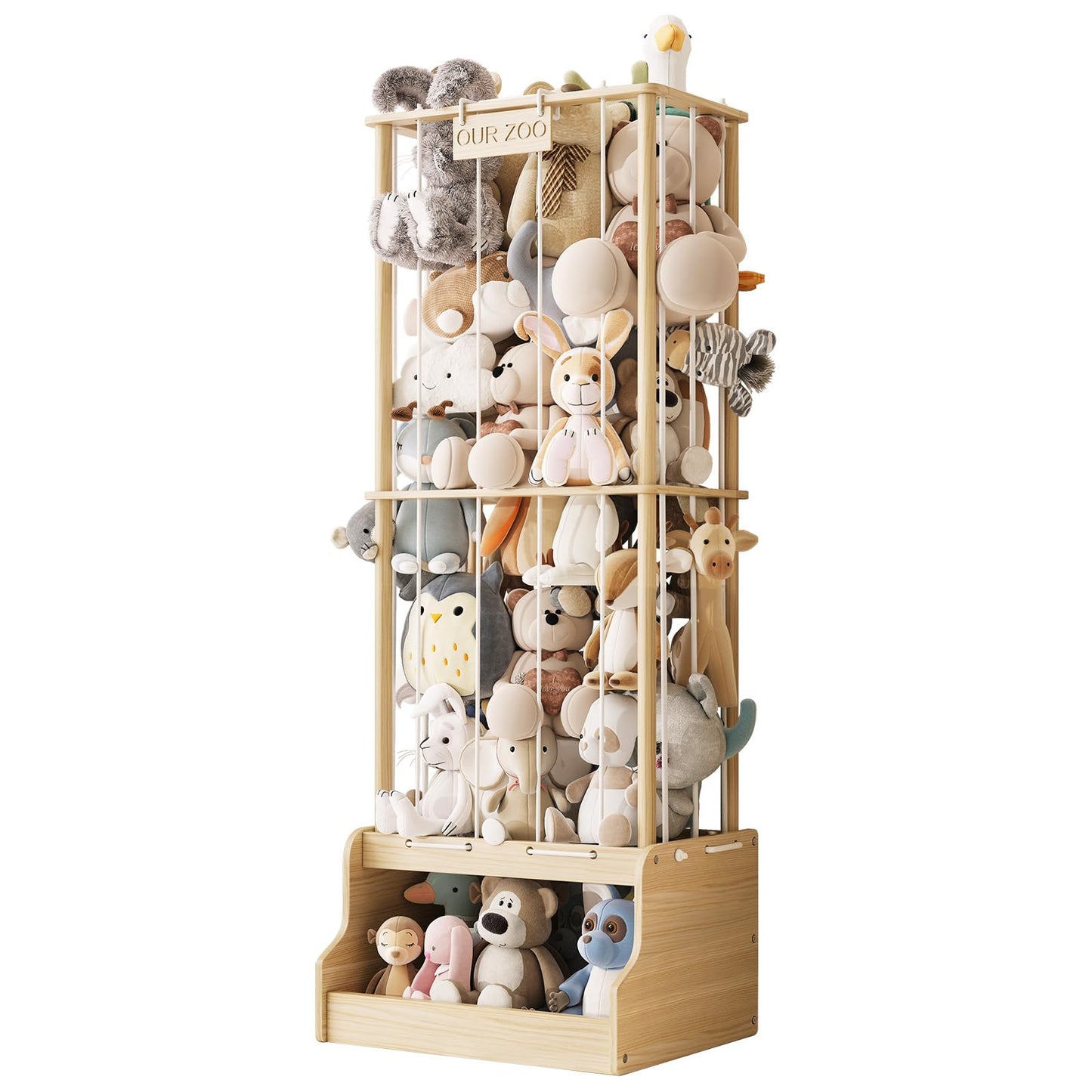 Stuffed Animal Storage Organizer,2-in-1 Solid Pine Wood Stuffed Animal Zoo with Toy Chest, Large Plush Toy Holder with Thick Elastic Bands,Stuffed Animal Holder for Playroom, Nursery, Bedroom