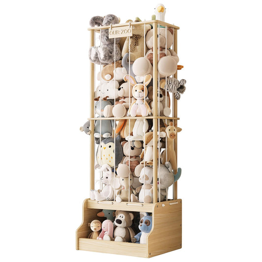 Stuffed Animal Storage Organizer,2-in-1 Solid Pine Wood Stuffed Animal Zoo with Toy Chest, Large Plush Toy Holder with Thick Elastic Bands,Stuffed Animal Holder for Playroom, Nursery, Bedroom