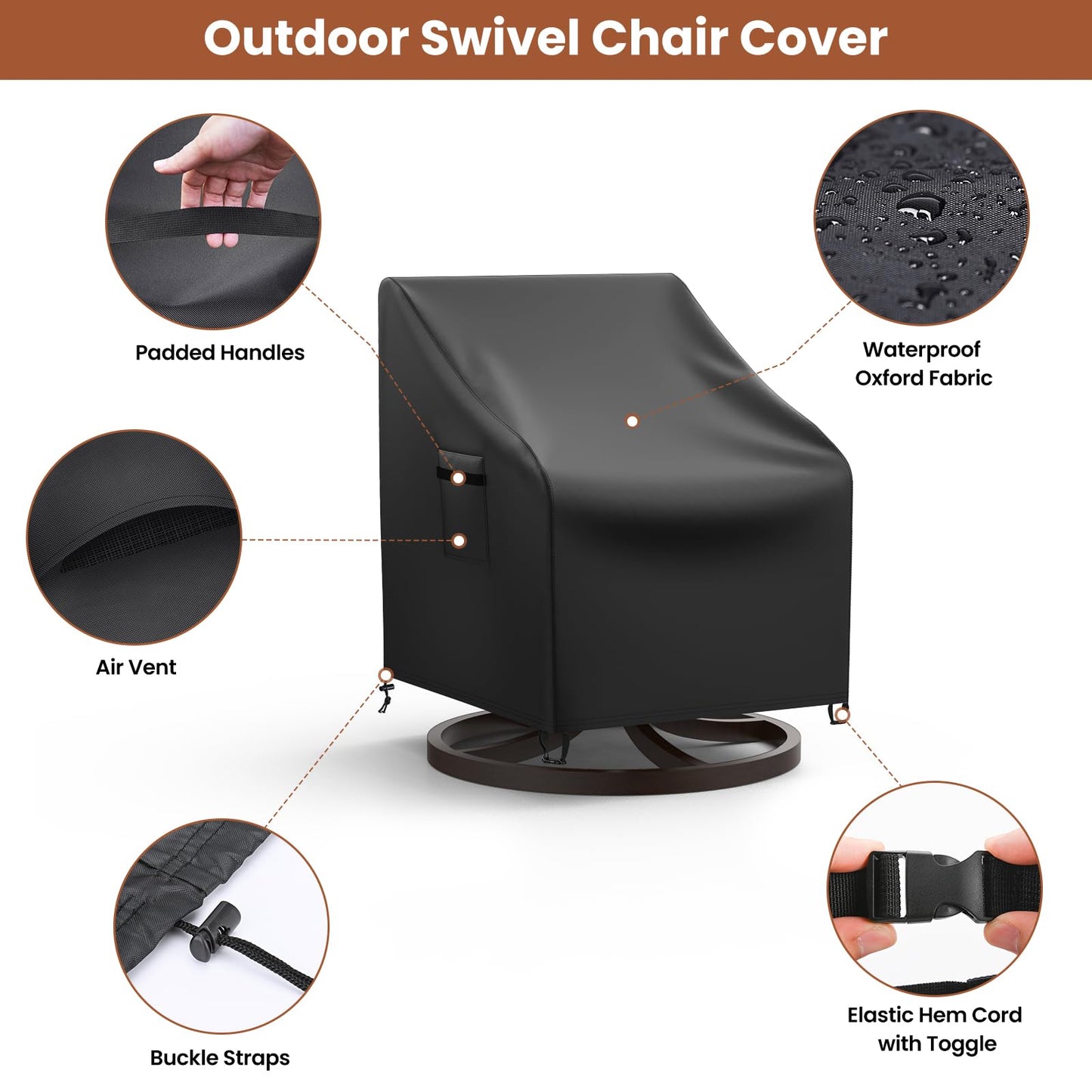Mrrihand Patio Chair Covers, 2 Pack Outdoor Swivel Lounge Chair Cover, Heavy Duty Patio Rocking Chair Covers, Patio Furniture Covers Waterproof, 30" W×34" D×38.5" H, Black
