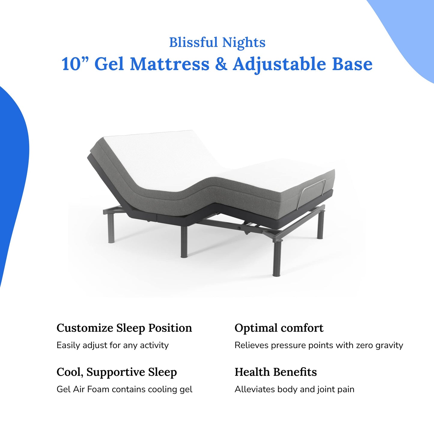 Blissful Nights e4 Split King Adjustable Bed Base Frame with 10" Medium Firm Gel Infused Memory Foam Mattress
