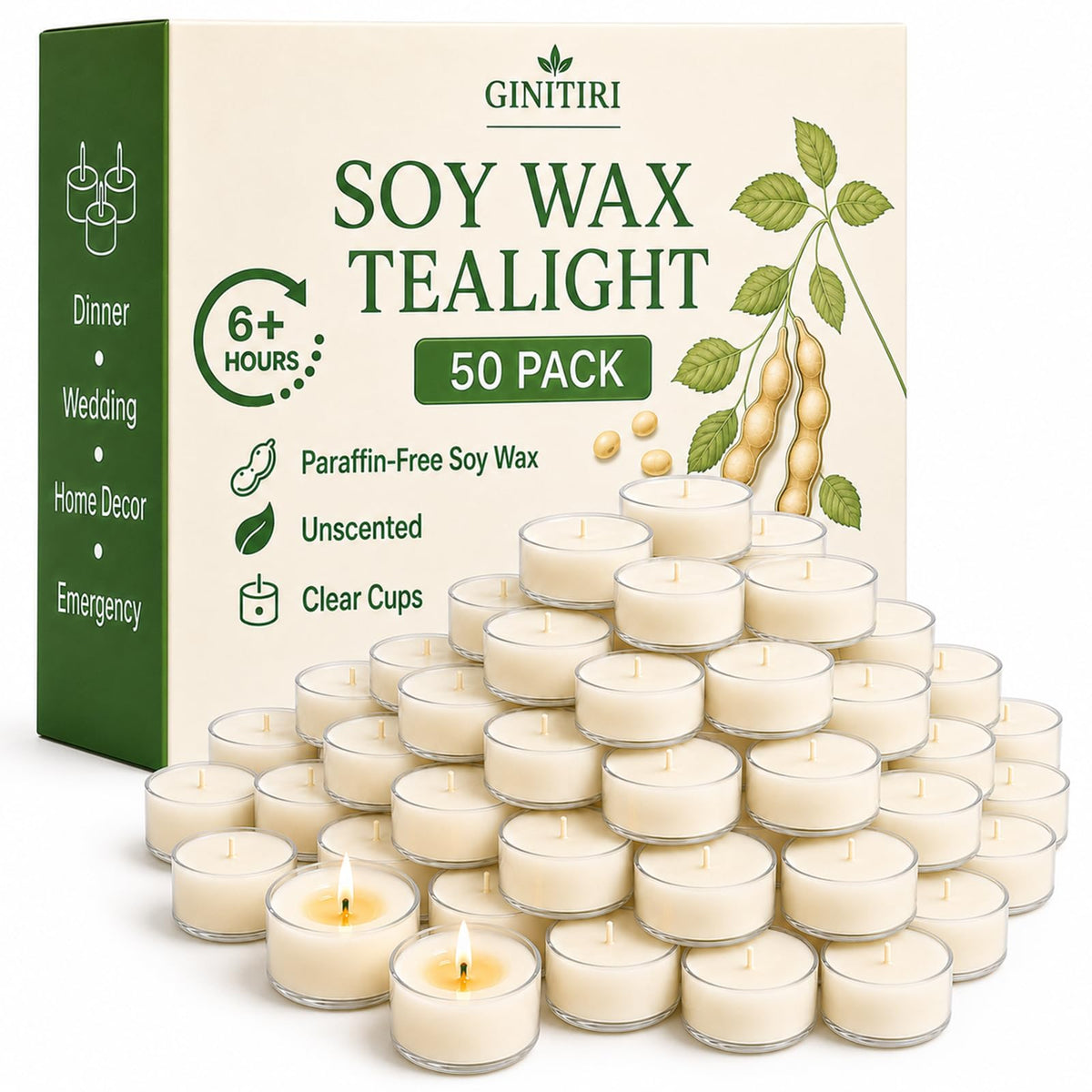 Soy Tealight Candles 50 Pack,6-Hour Unscented Small Votive Candles