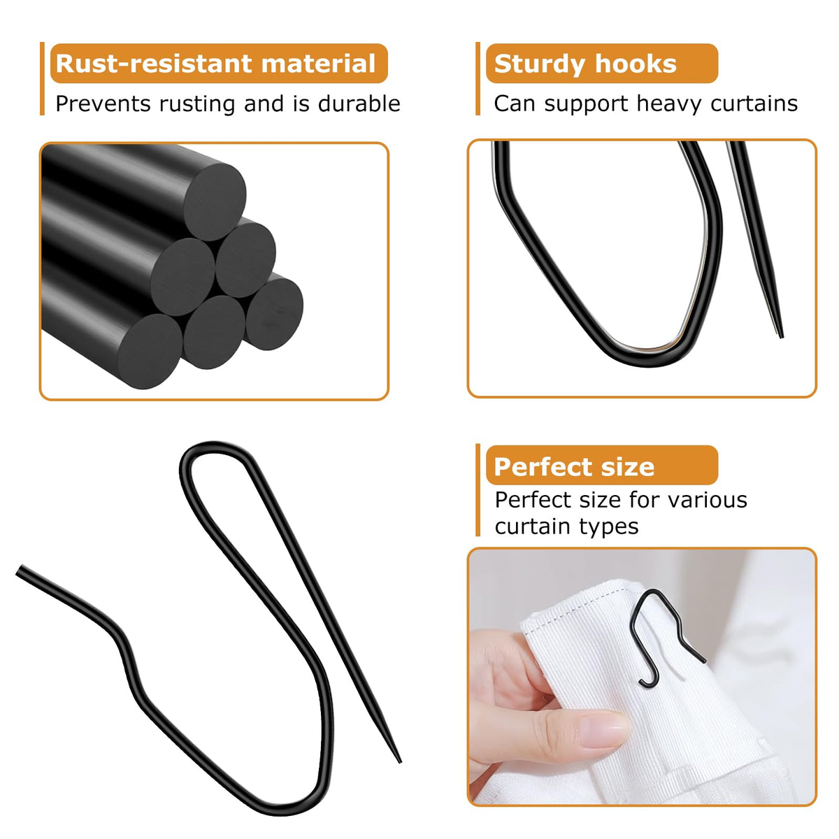 100 Pack Black Metal Curtain Hooks Pin-On Drapery Hooks,Suitable for Window,Door,Shower Curtain
