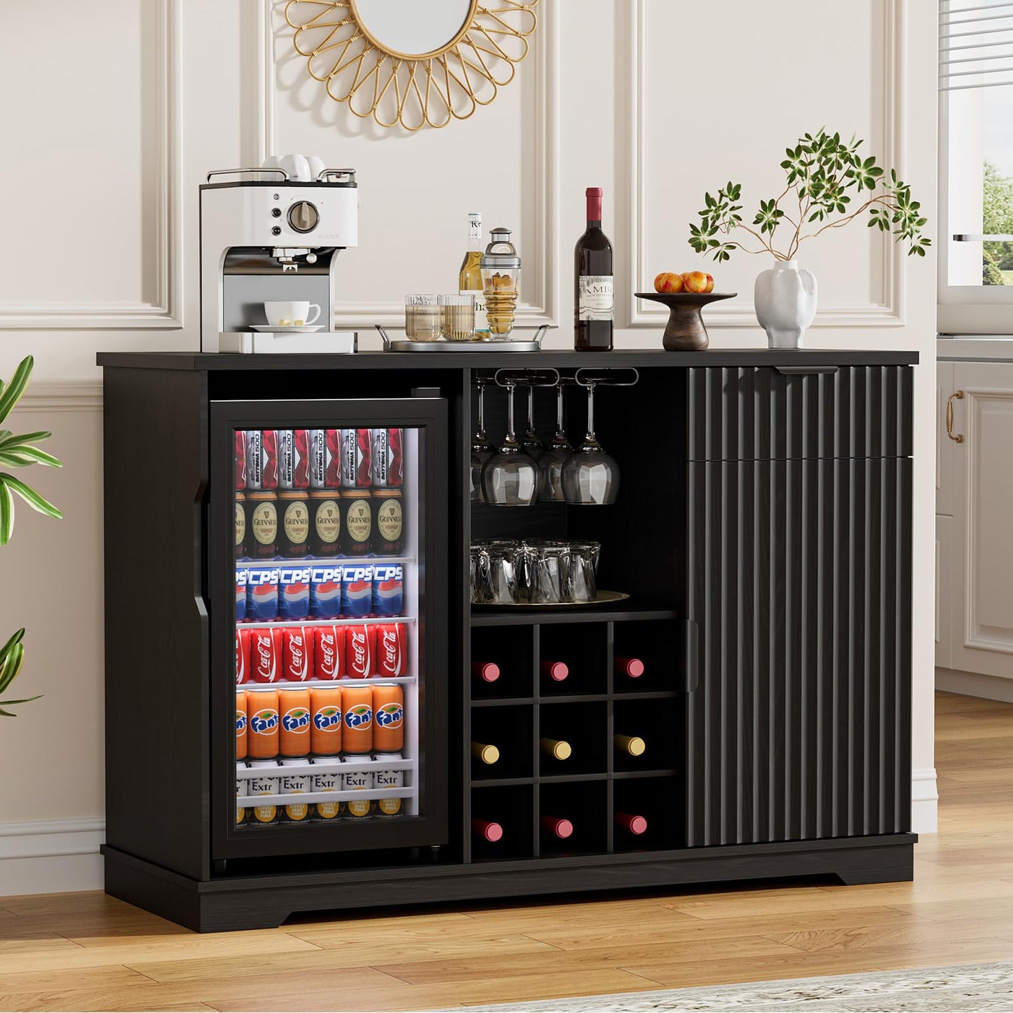 Aauro Home Coffee Bar Cabinet with Fridge (Fridge Included), Fluted Wine Bar Cabinet with Wine Rack and Glass Holder, Buffet Sideboard Table Liquor Cabinet with Drawer & Storage, Home Bar, Black
