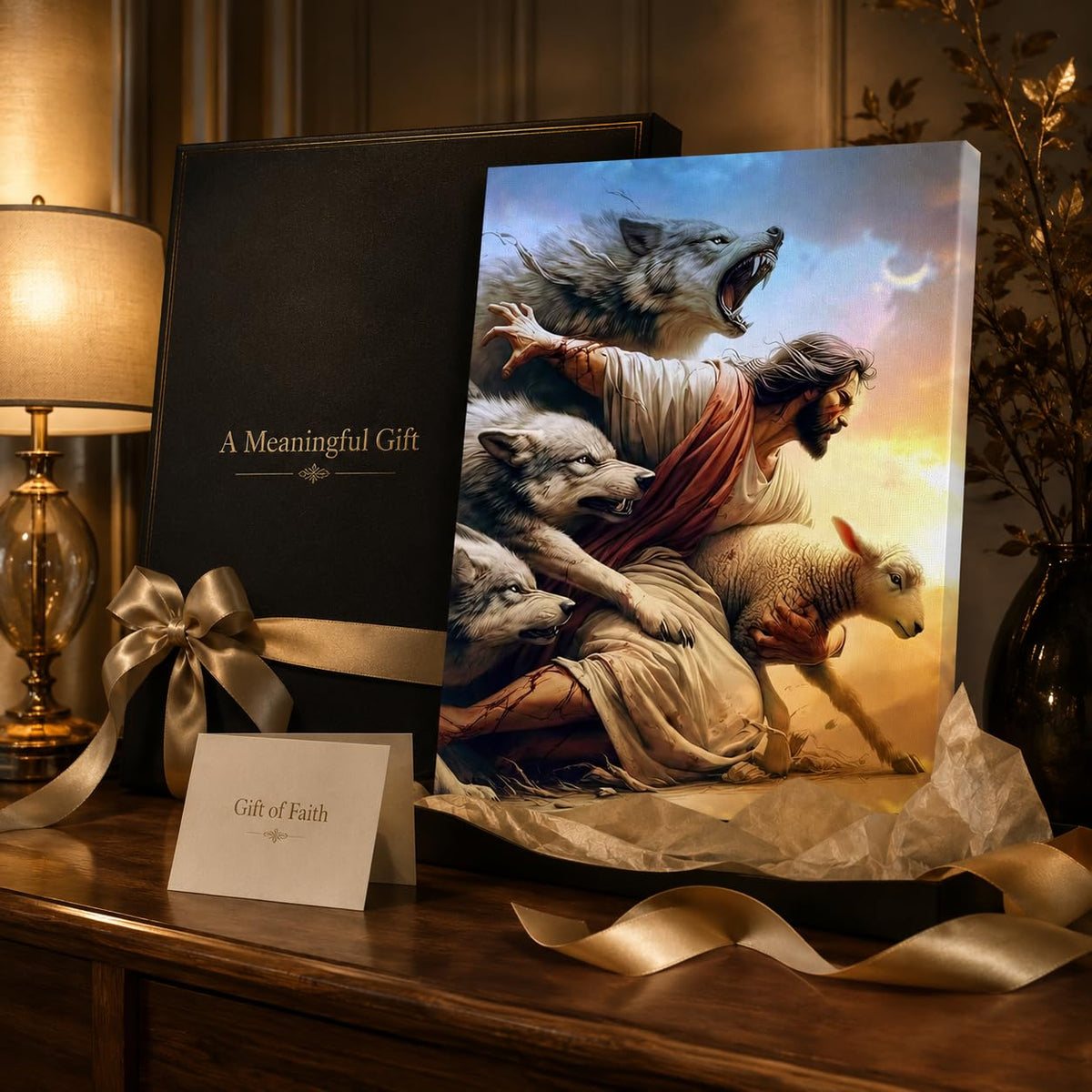 Jesus And Lamb Wall Art Jesus Saves The Lost Lamb Wolf Painting Picture Wall Decor The Shepherd'S Protection Poster Print Artwork t for Living Room Bedroom Church Home Decortion
