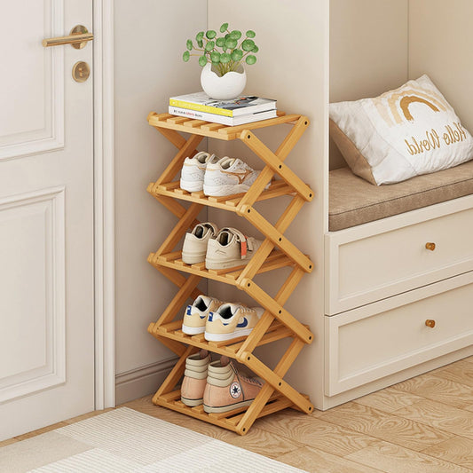 XZXWZX Foldable Shoe Rack, Bamboo Vertical Shoe Organizer Tall for Small Spaces. Multifunctional Narrow Shoe Shelf for Entryway, Closet, Corner, Bedroom, Hallway, Wood Color 5 Layers