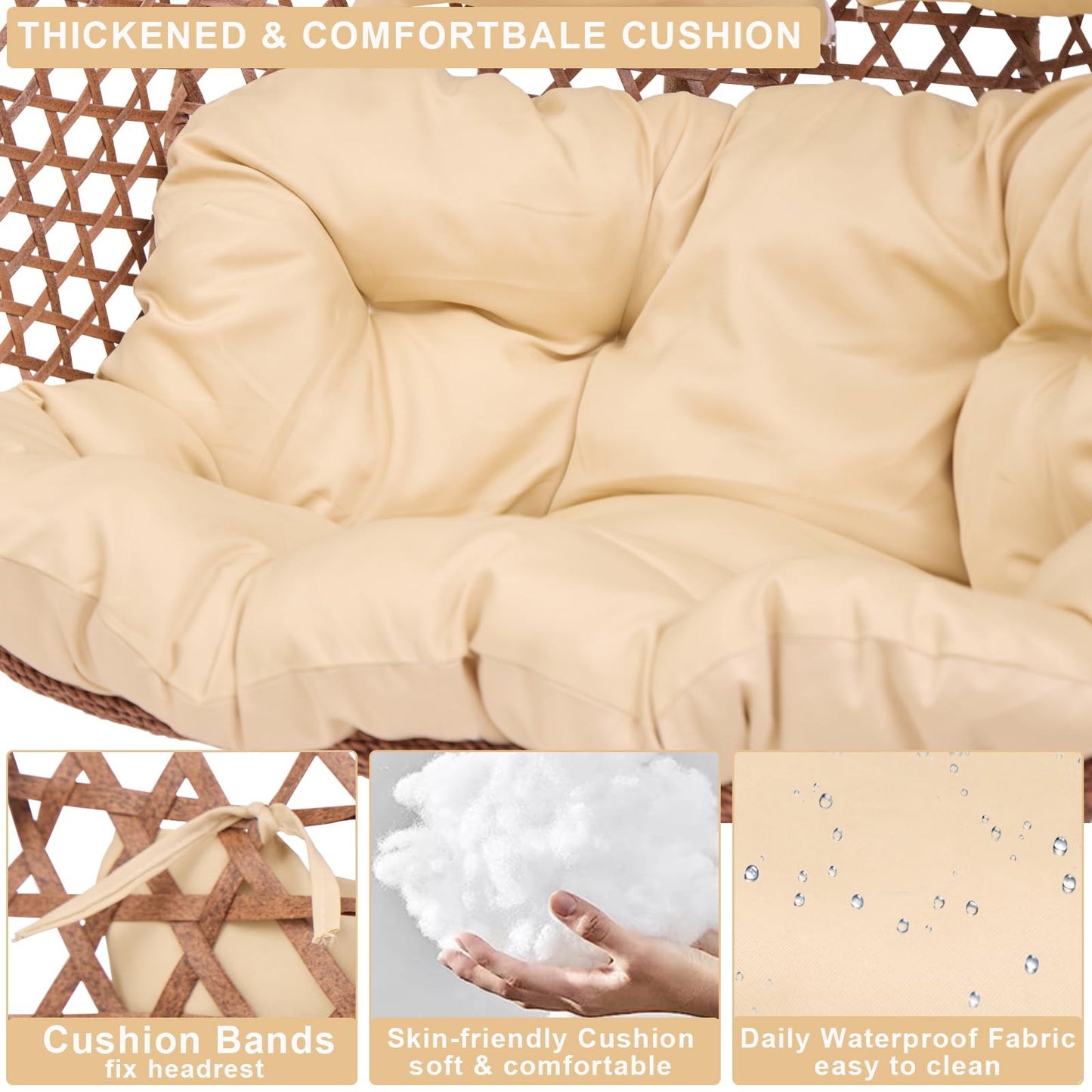 Double Swing Egg Chair with Stand, Hexagon Rattan Wicker Swing Chair Outdoor, Large 2 Person Patio Hanging Chair with Foldable Loveseat Removable Cushions (Beige)