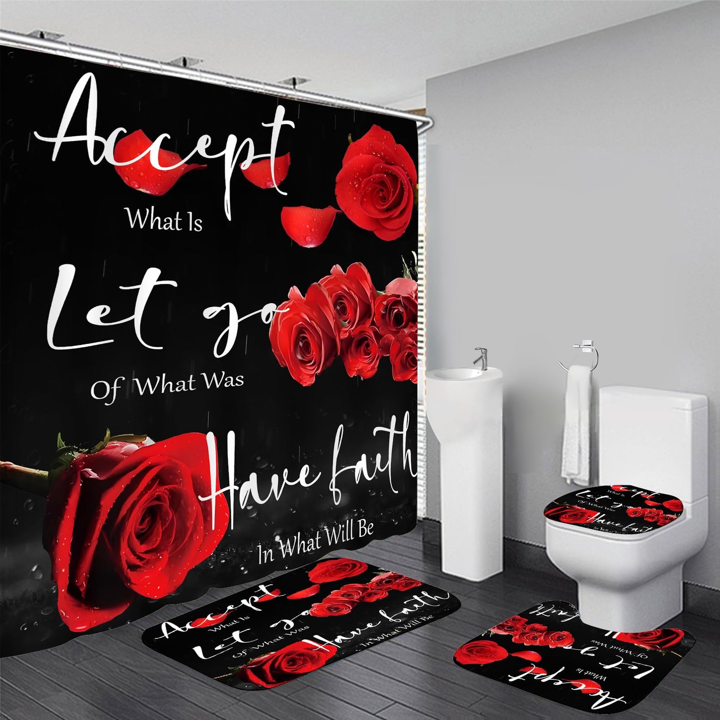 Yddsky 4 Pcs Red Rose Shower Curtain Set with Rugs Bathroom Set