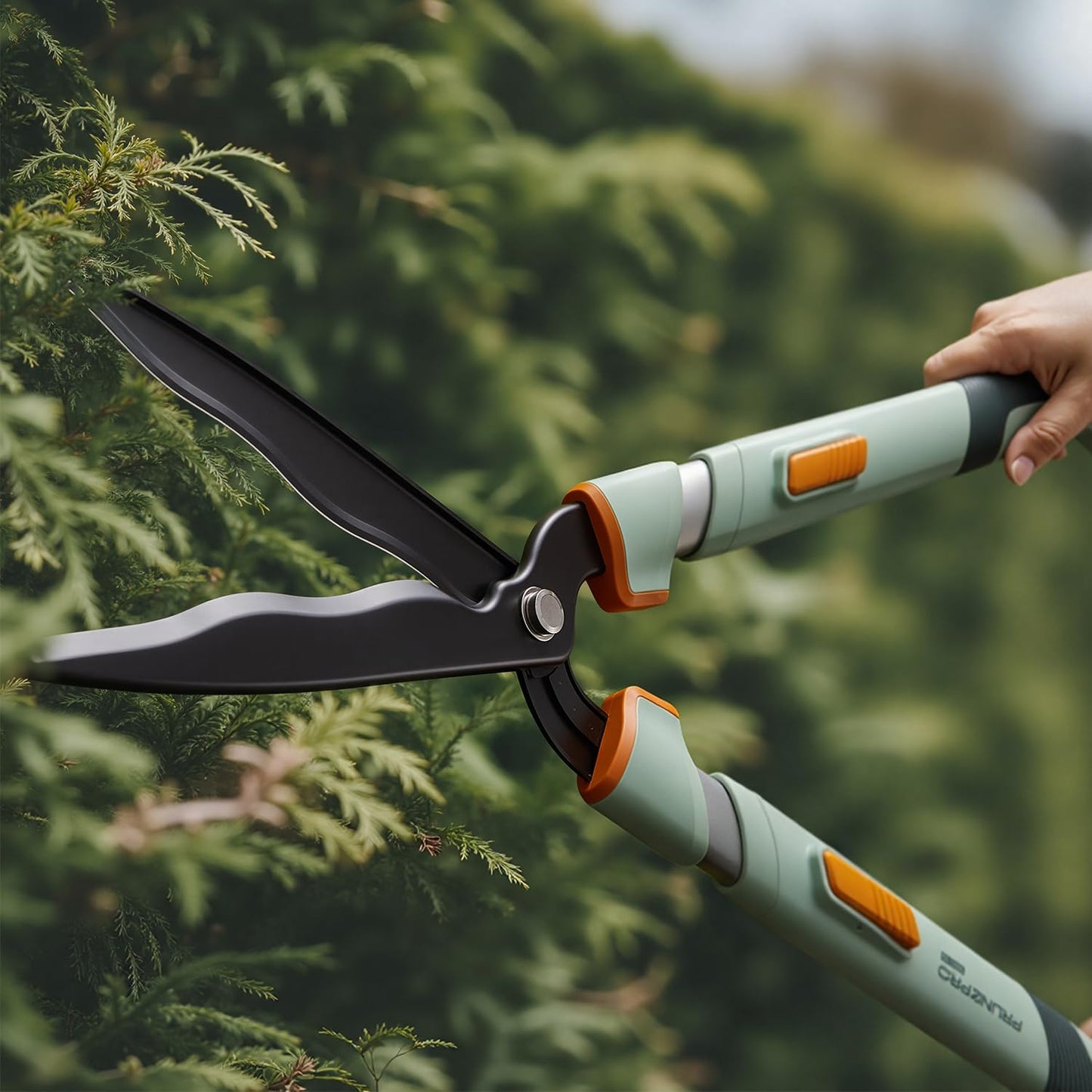 PrunePro® Extendable Hedge Shears (27"-35") Wavy Stainless Steel Blades | Teflon Coated for Smooth Cuts | Lightweight Adjustable Garden Clippers for High Hedges & Bushes