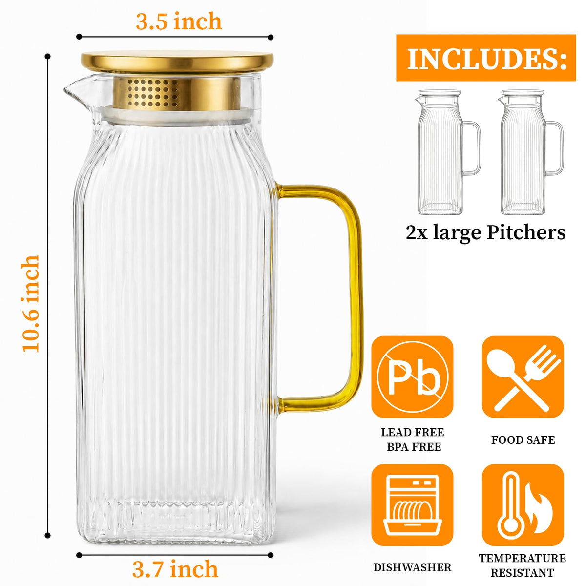 2 Pack Glass Pitchers with Gold Lids, 68 oz/2 Liter Sun Tea Pitcher, Square Pitcher with Vertical Stripes and Handle, Heat-Resistant, Suitable for Refrigerator Storage, Tea and Beverage Container