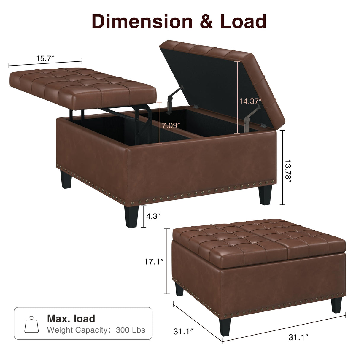 FiveWillowise 31.5 Inch Large Square Ottoman with Storage,Faux Leather