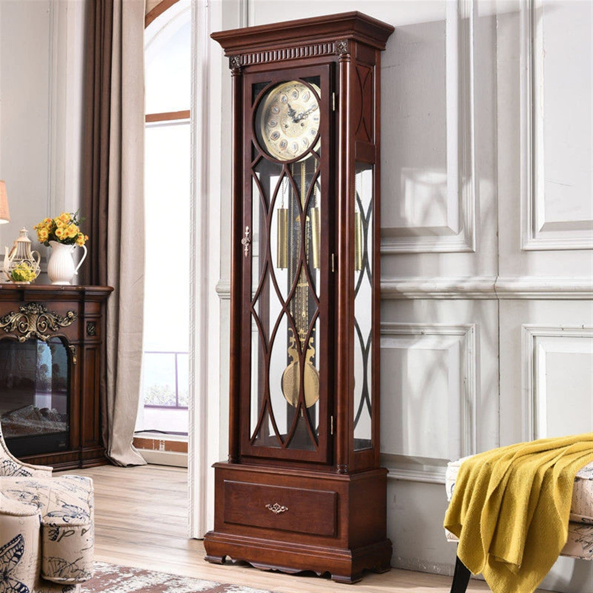 XRXwuf689 Grandfather Clock, Grandfather Floor Clock Grandfather Vertical Home Decor with Illuminated Case & Cable-Driven Chime Movement Home & Office Decor