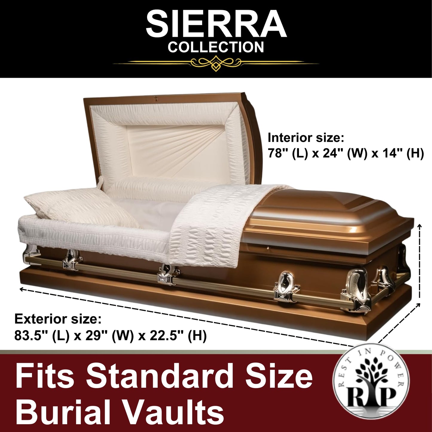Rest In Power Steel Satin Sierra Funeral Casket for Adults – Burial Caskets for Humans with Premium Comfort Lining (Gold)
