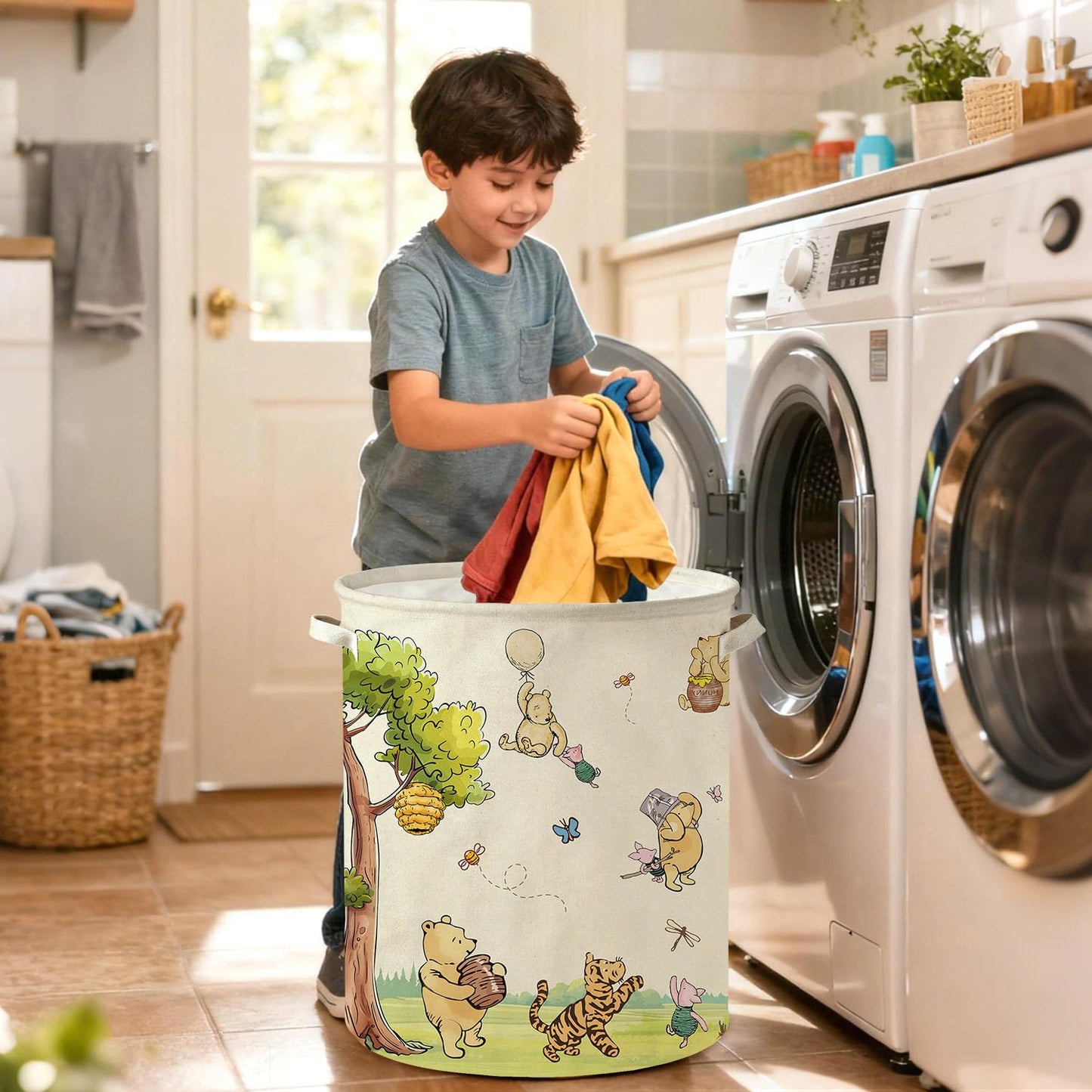 Oval Classic Winnie Bear Baby Laundry Basket Hamper for Nursery, Neutral Vintage Winnie Baby Stuff Waterproof Storage Basket Canvas Clothes Hamper