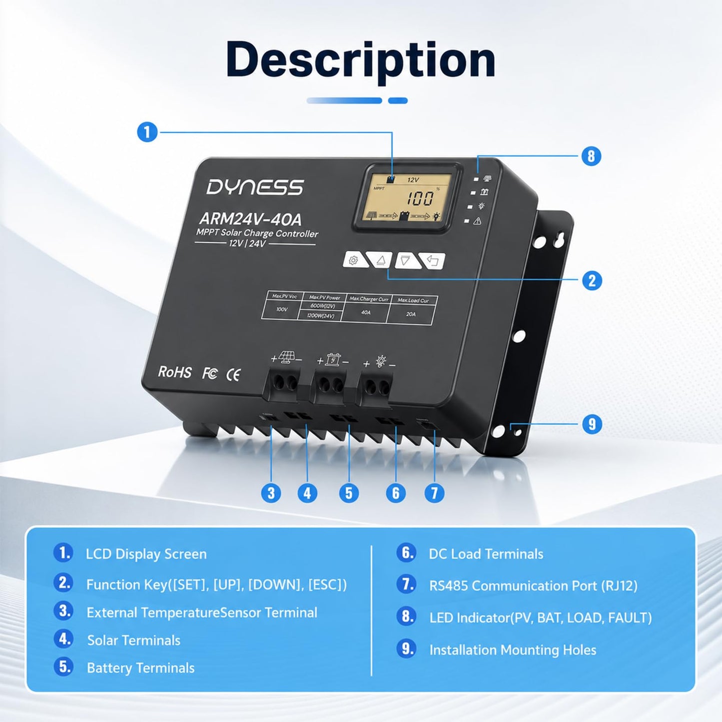 Dyness 40A 12V/24V Auto MPPT Solar Charge Controller , APP Control & LCD Display, 40 Amp Solar Regulator for LiFePO4/AGM/Gel/FLD/SLD Batteries - RV, Marine, Off-Grid Systems