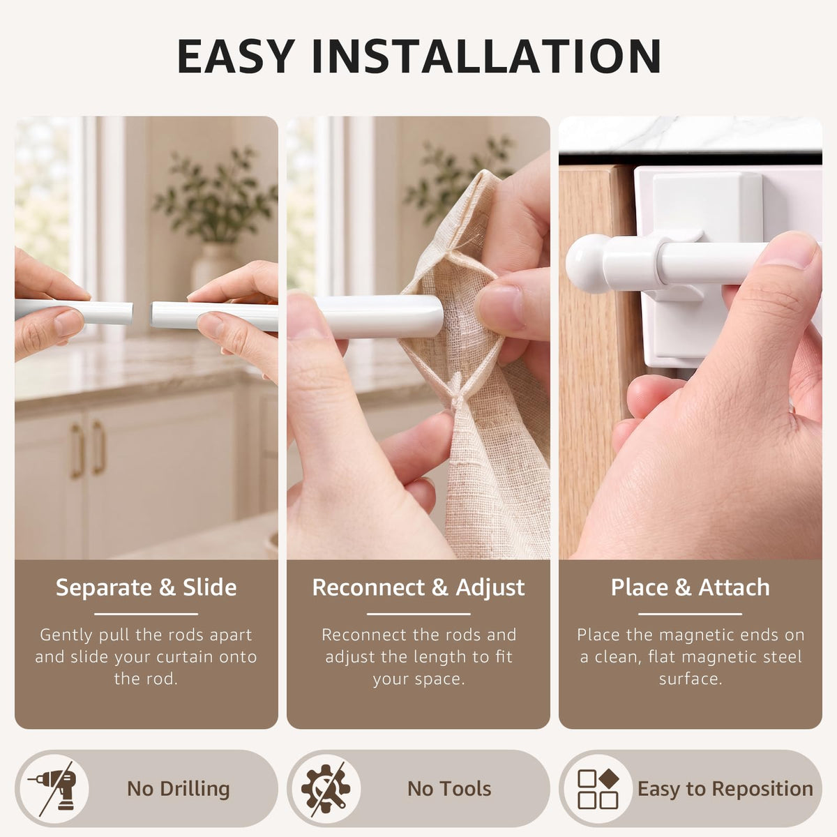 JINCHAN Magnetic Curtain Rods for Metal Doors 16-28 Inches 2 Pack White
