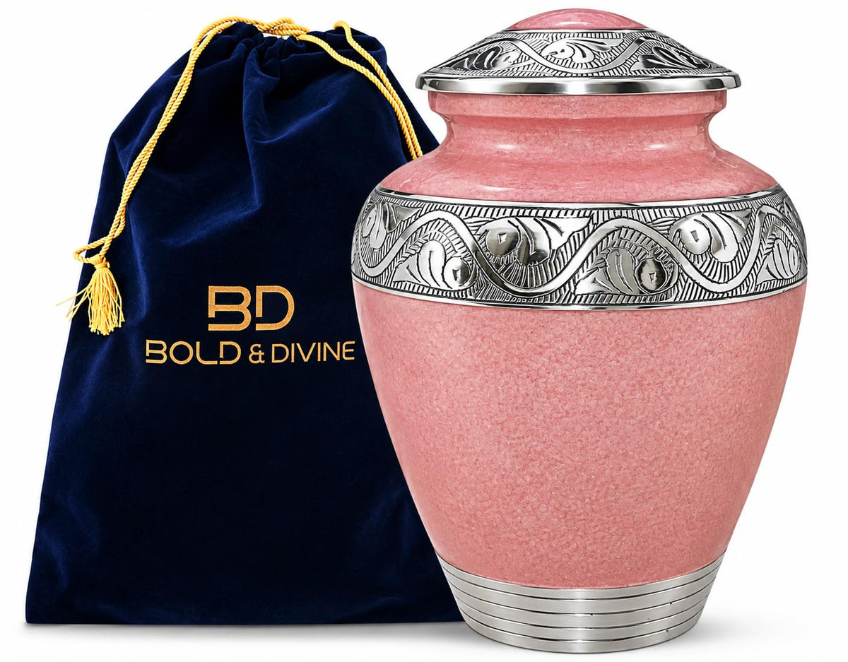 Bold & Divine Cremation Urn for Human Ashes, Adult Memorial Urn for Women & Men, Pink Urn with Silver Engraved Design, Decorative Funeral Urn for Ashes, 9.5 x 7 Inches