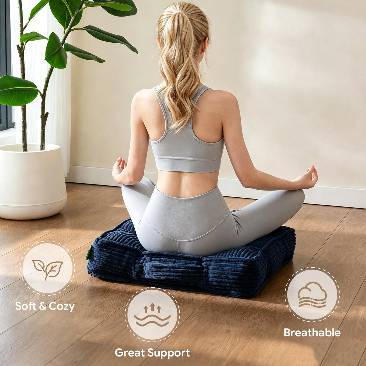 Smaour Meditation Floor Pillow, Square Large Pillows Seating for Adults, Tufted Corduroy Cushions for Yoga Reading Nook, Classroom and Living Room, Blue, 22x22 Inch