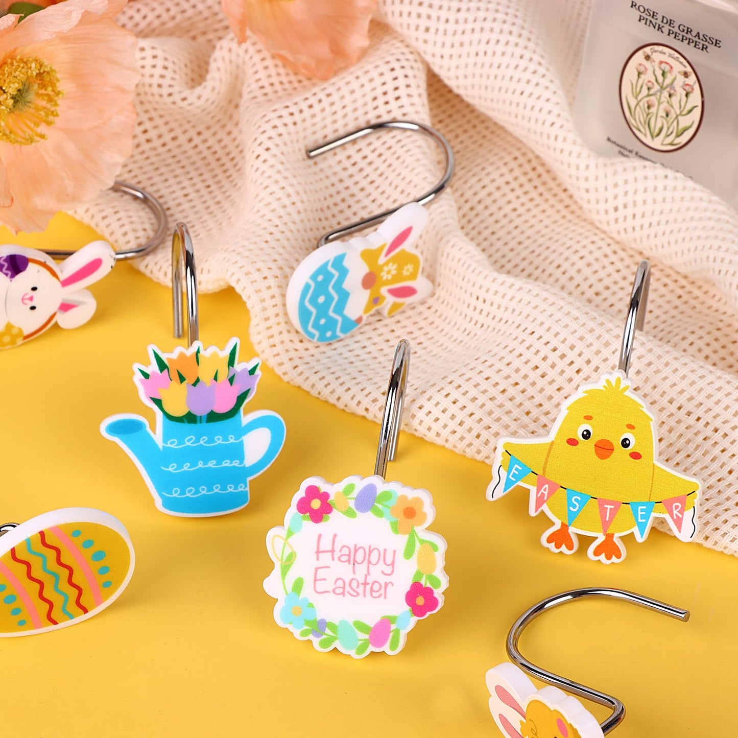 Haiabei 12Pcs Shower Curtain Hooks Hangers Decorative Metal Rustproof Bathroom Room Pendants Decor Accessories with Bunny Happy Carrot Flower Chick Rabbit Stainless Curtains Rings