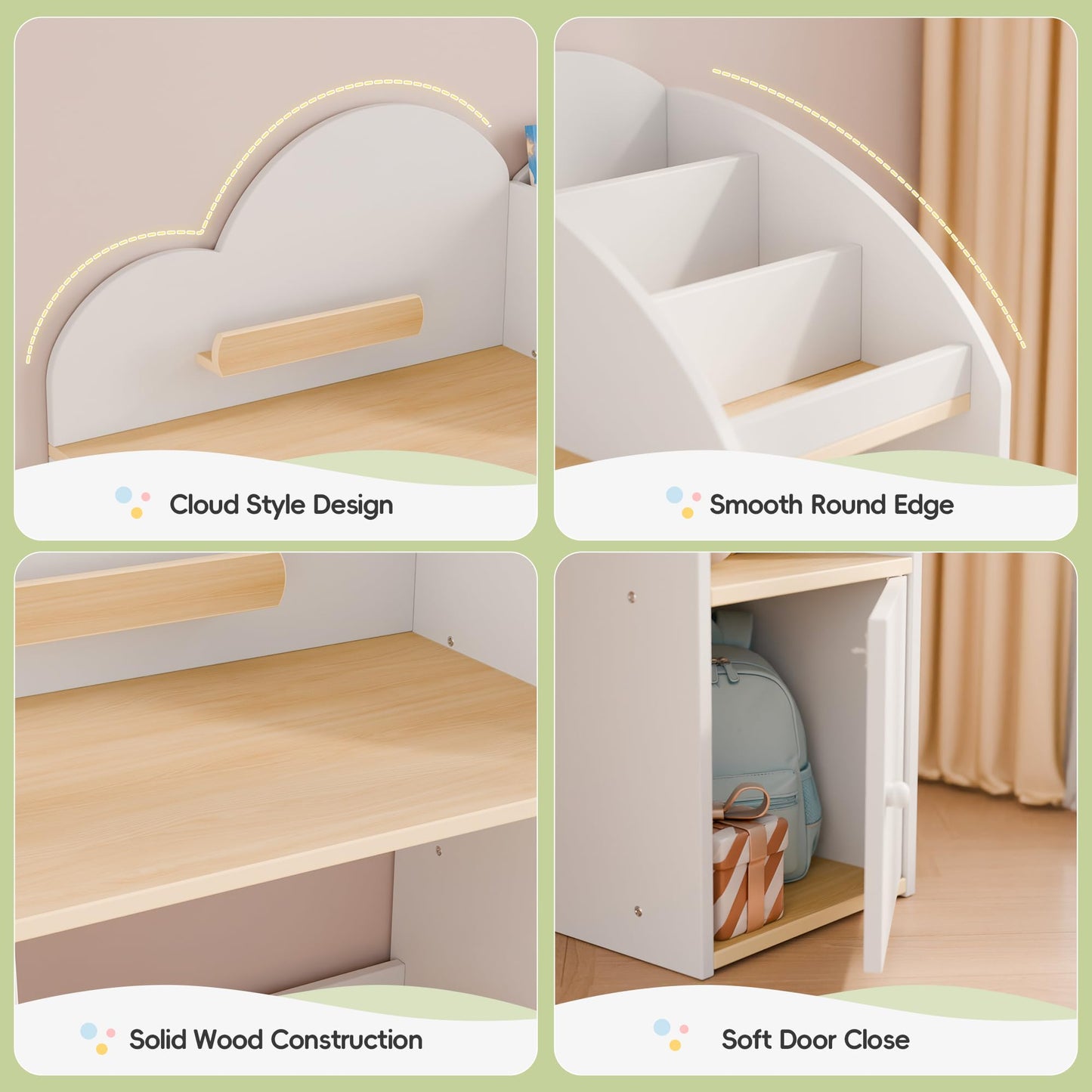 Kids Desk and Chair Set with 2 Bookshelves, Student Study Table and Stools, Toddler Study Desk with Storage, Wooden Kids Desk and Chair Set with 2 Cabinets for Ages 3-8, Boys, Girls (One Child)