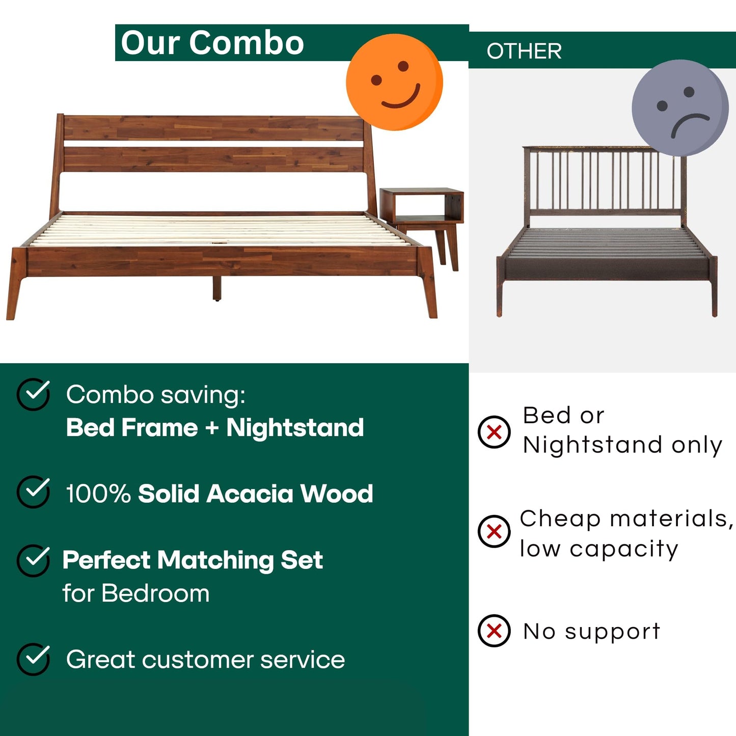 Acacia Callisto King Solid Wood Platform Bed Frame with Headboard – Gift Matching Nightstand Included, Mid-Century Modern, Walnut Finish, No Box Spring Needed, Sturdy, Easy Assembly