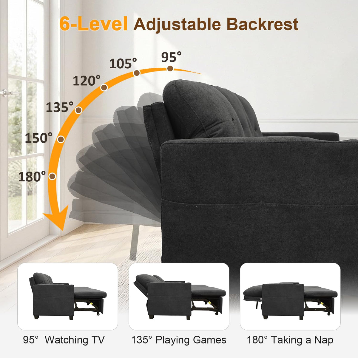 82" L Shaped Sleeper Sofa Bed, Pull Out Sectional Couch with Storage Chaise/Reclining Backrest, Sectional Couches for Living Room with USB Port, Foldable Table, Cup Holder, Side Pocket, Deep Grey