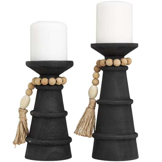 Deco 79 Wood Handmade Decorative Candle Holder Textured Matte Candle Stand with Beaded Garland Accent, Set of 2 Candlestick Holder 10", 8" H, Black