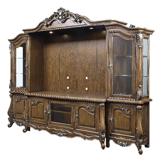 BOWERY HILL Transitional Wooden Entertainment Center, Antique Oak Finish, 121 in W x 23 in D x 96 in H, Poplar Wood MDF Veneer Resin Tempered Glass, Touch Light, Cord Management, Spacious Living Room