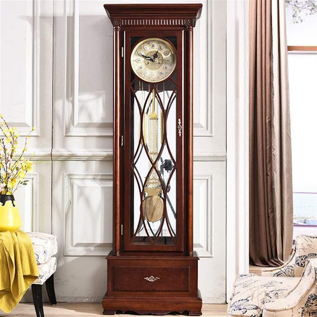 XRXwuf689 Grandfather Clock, Grandfather Floor Clock Grandfather Vertical Home Decor with Illuminated Case & Cable-Driven Chime Movement Home & Office Decor