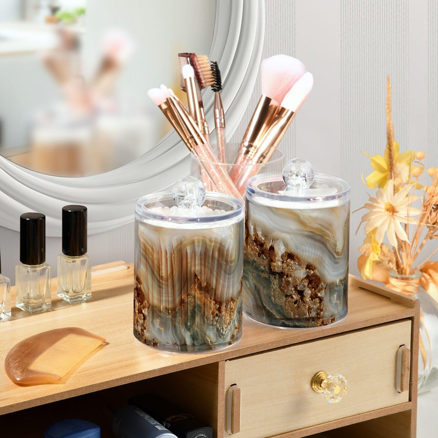 Xmycdz 2 Pack Agate Marble Apothecary Jars with Lid, 10 Oz Clear Plastic Apothecary Jar Set Qtip Holder Storage Containers for Cotton Ball Swabs Bathroom Vanity