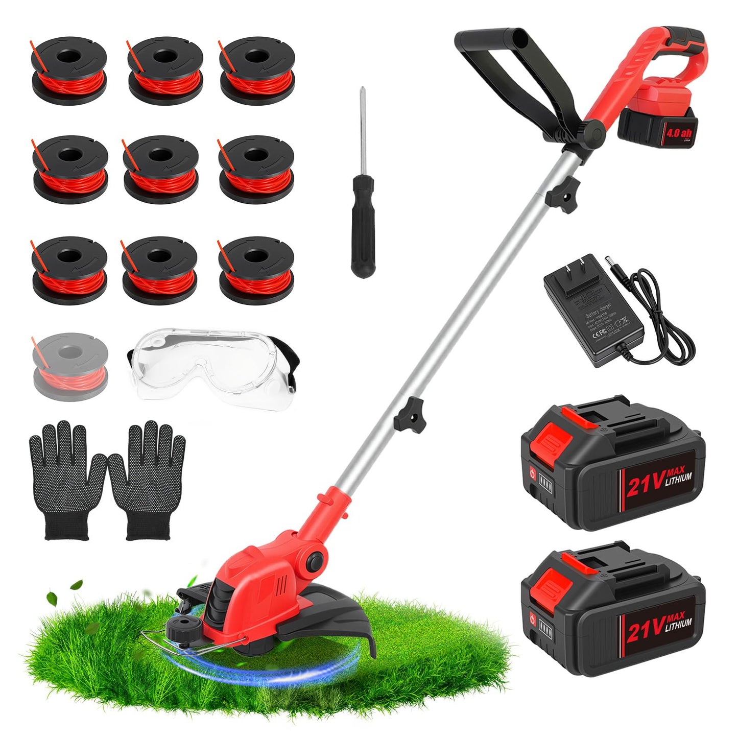21V Weed Wacker Cordless String Trimmer with 2x4.0Ah Batteries & Fast Charger, 12" Automatic Feed Grass Trimmer, 2-in-1 Electric Weed Eater for Garden Edge Lawn Tool