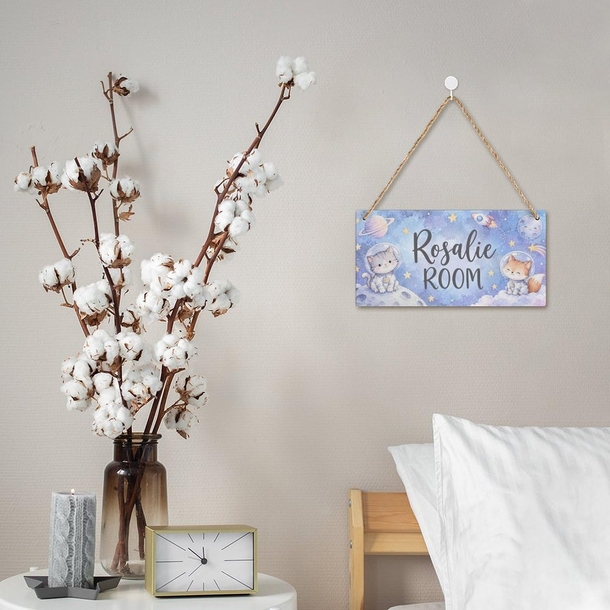 Personalized Girl's Room Sign, Custom Name Wooden Door Plaque, Cute Astronaut Cat & Fox Space Theme, Kids Bedroom Watercolour Hanging Sign