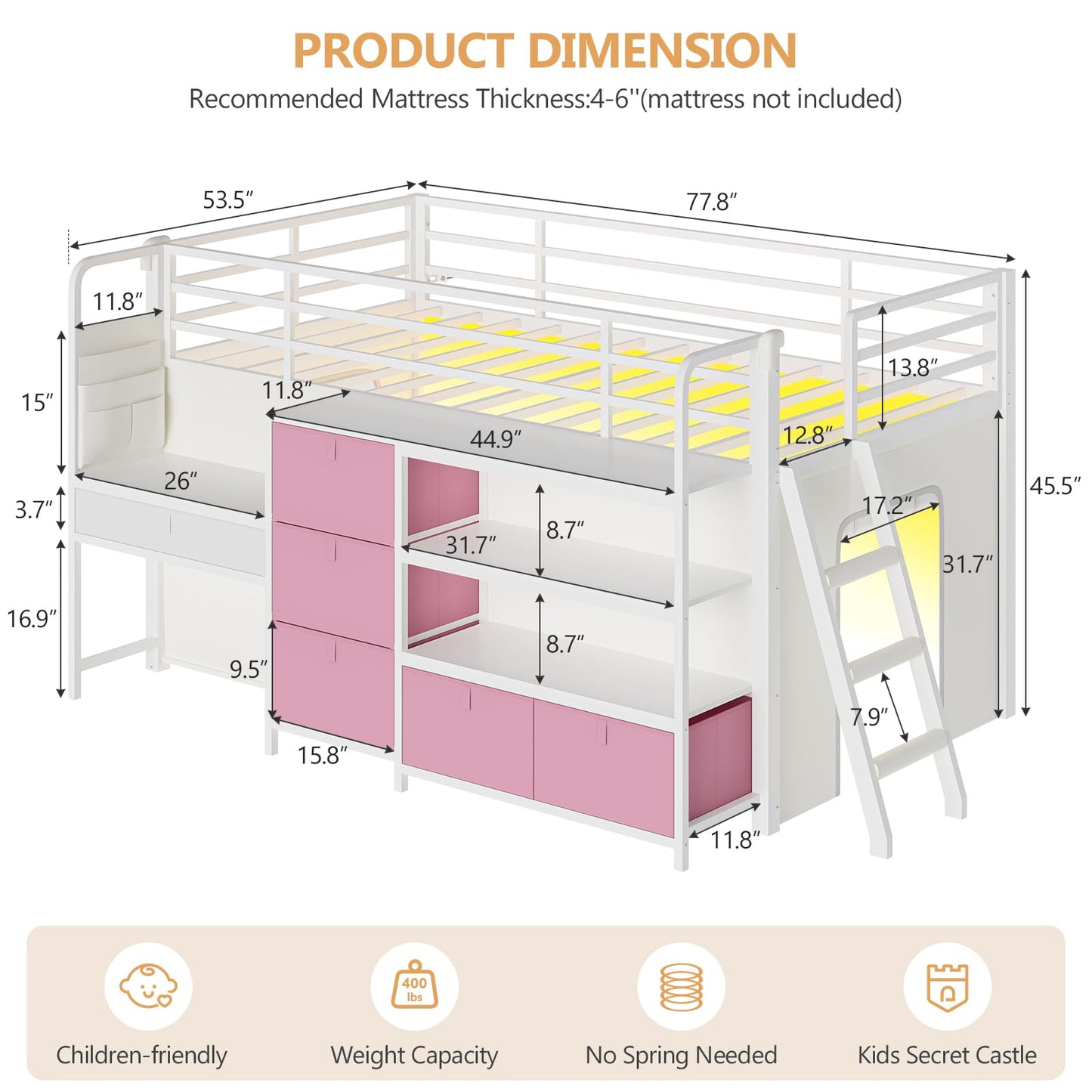 DICTAC Low Loft Bed with Desk and 6 Storage Drawers Twin Loft Bed with Bookshelf,LED Lights & Under-Bed Play Space,Kids Twin Beds with 13.8''H Safety Guardrail,Inclined Ladder&Play Curtain,Pink+White