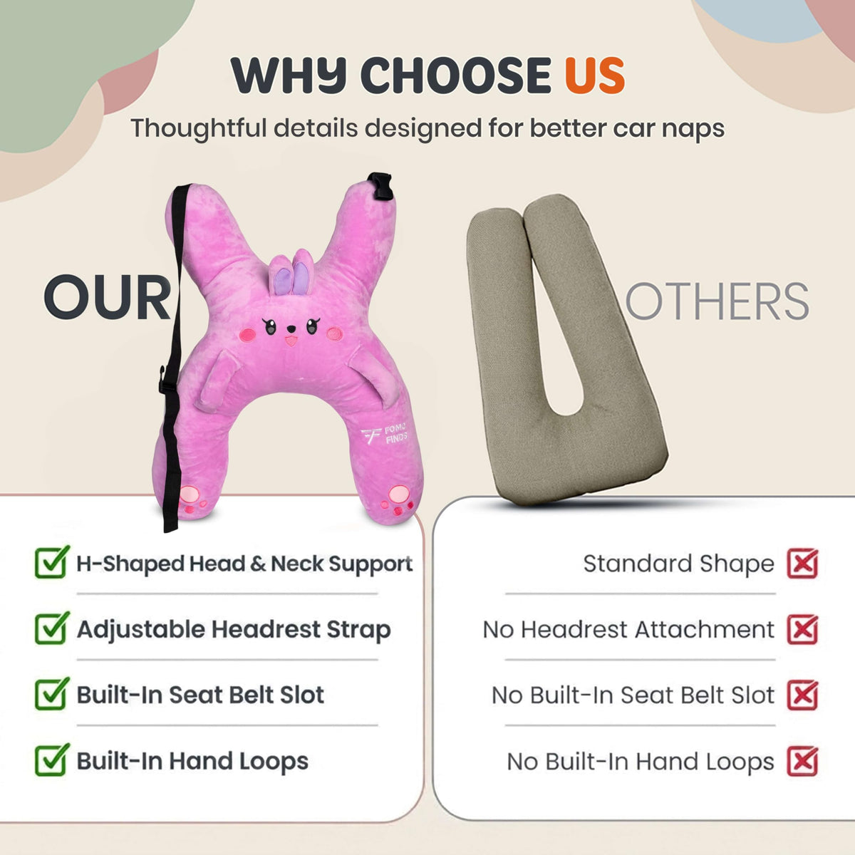 FOMO Finds Kids Car Sleeping Pillow, Neck & Back Support, Purple Rabbit