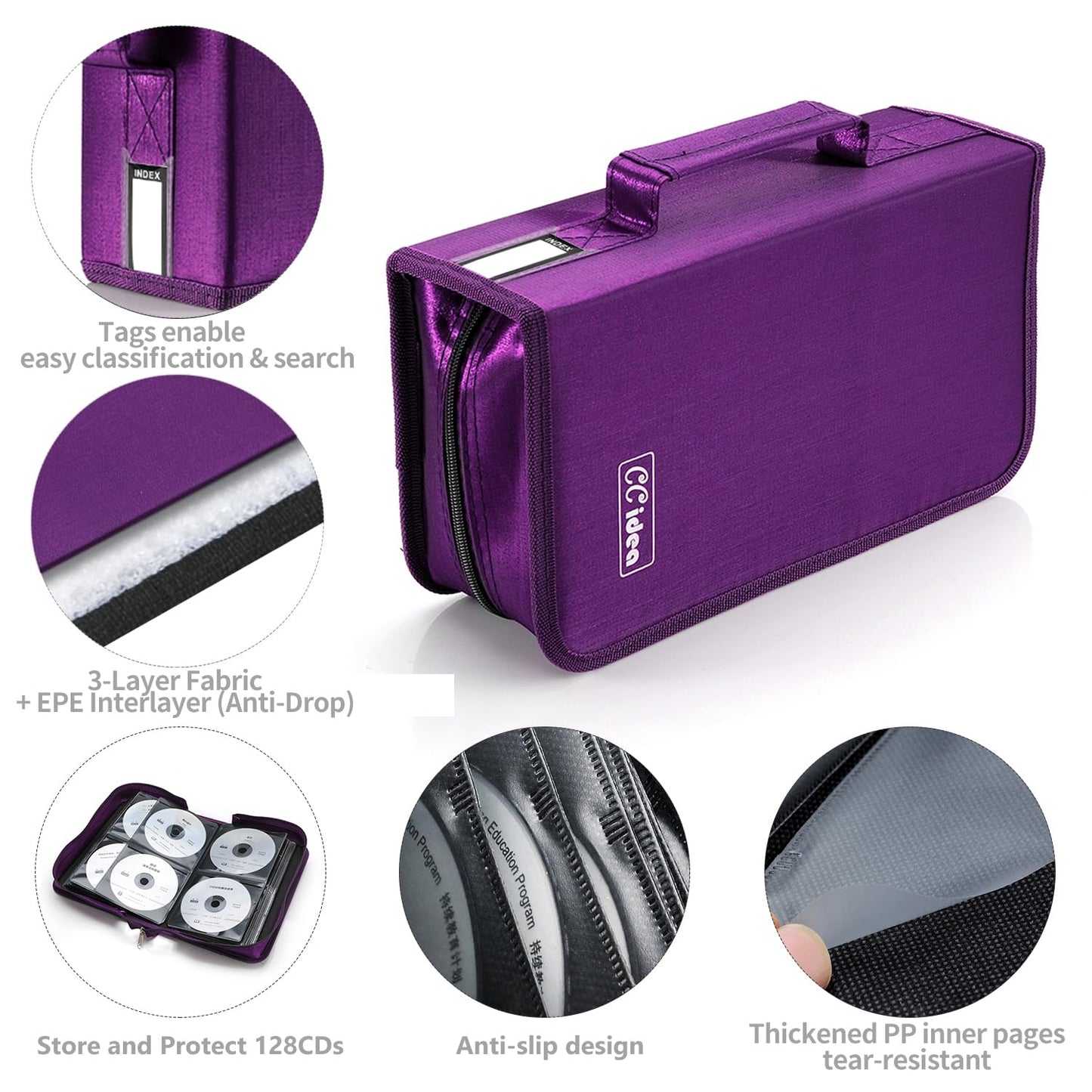 CCidea CD Case DVD Storage Holder, 128 Capacity DVD Cases Organizer CD Plastic Protective Carrying Binder,Portable Cd Wallet for Home Travel (Purple)