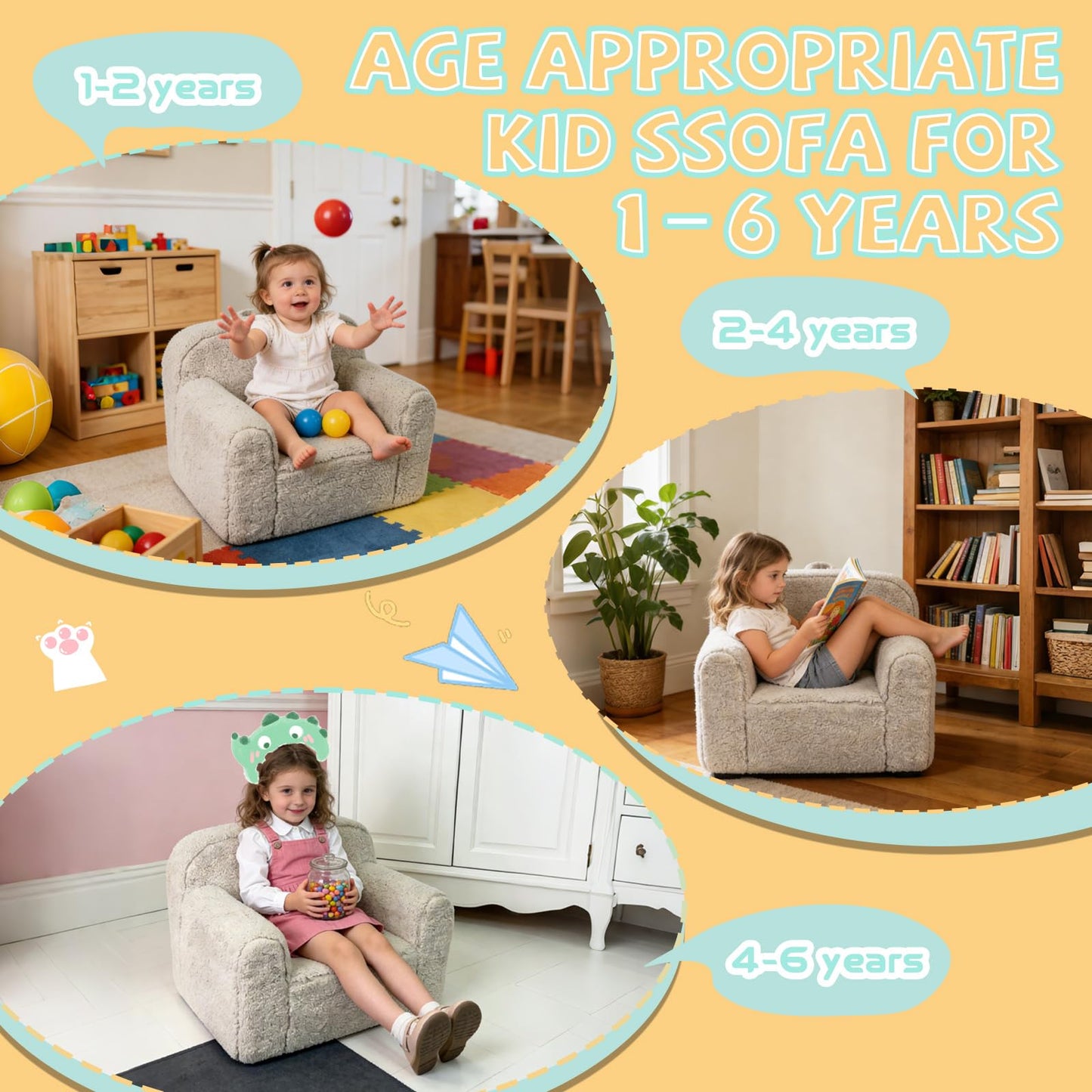 Pterying Toddler & Kids Chair Comfy for 1-3 Years Old, Toddler Couch with Washable Soft Sherpa Cover, Stable High-Resilience Foam Kid Sofa, Light Grey