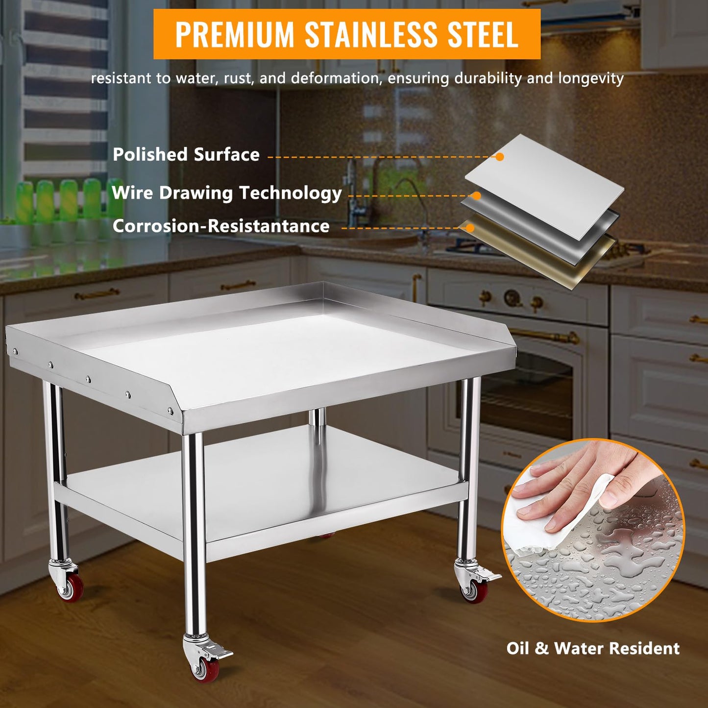 Stainless Steel Equipment Grill Stand Table (24" x 28" x 24") - Heavy Duty Commercial Kitchen Work Table - 1000 Lbs Top Shelf Capacity with 2" Edge Baffle - Adjustable Bottom Shelf & Legs