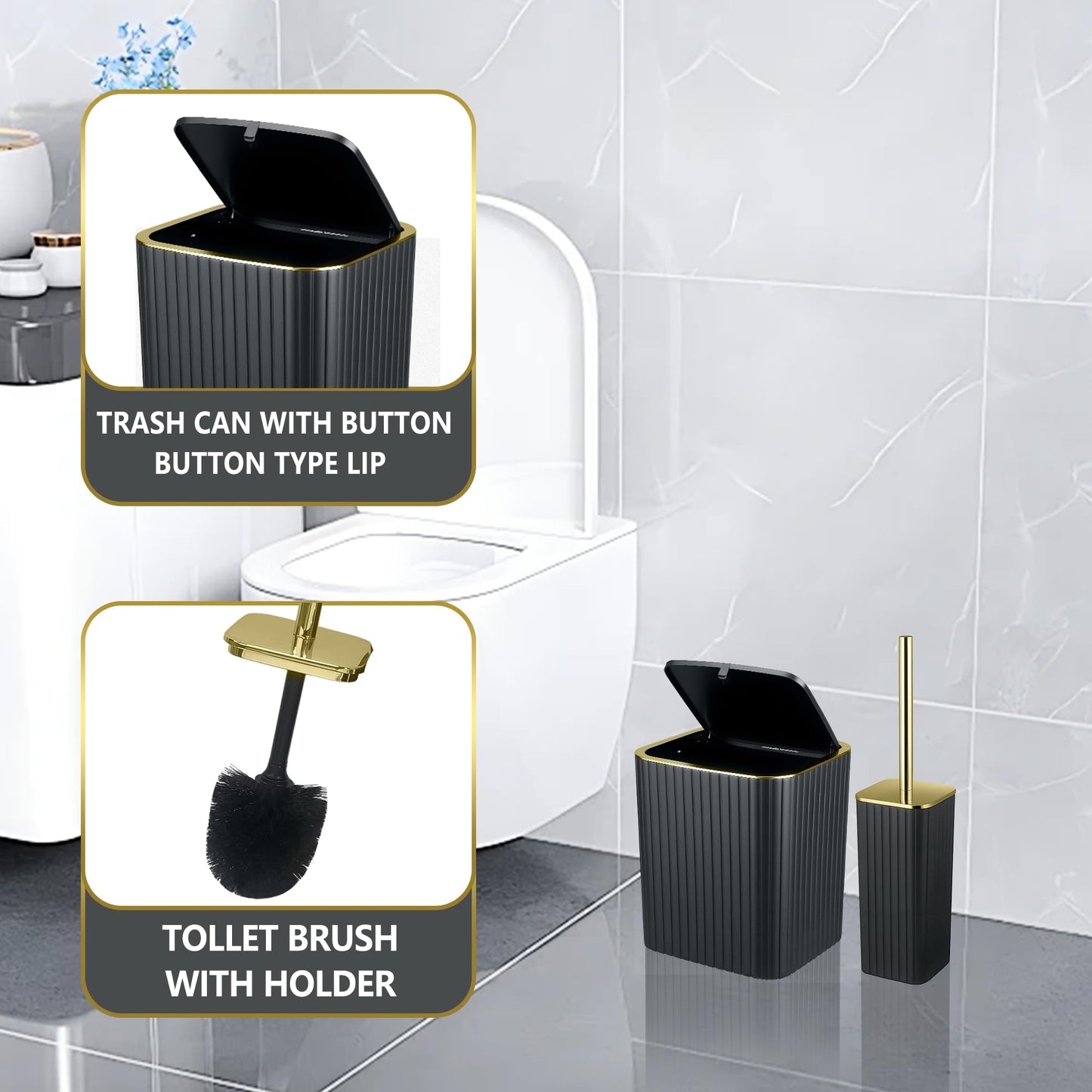 Bathroom Accessories Set-9PC Set with Toilet Brush, Trash Can, Soap Dispenser, Q-Tip Holder | Modern Home Bath Essentials (Black, Bath Set)