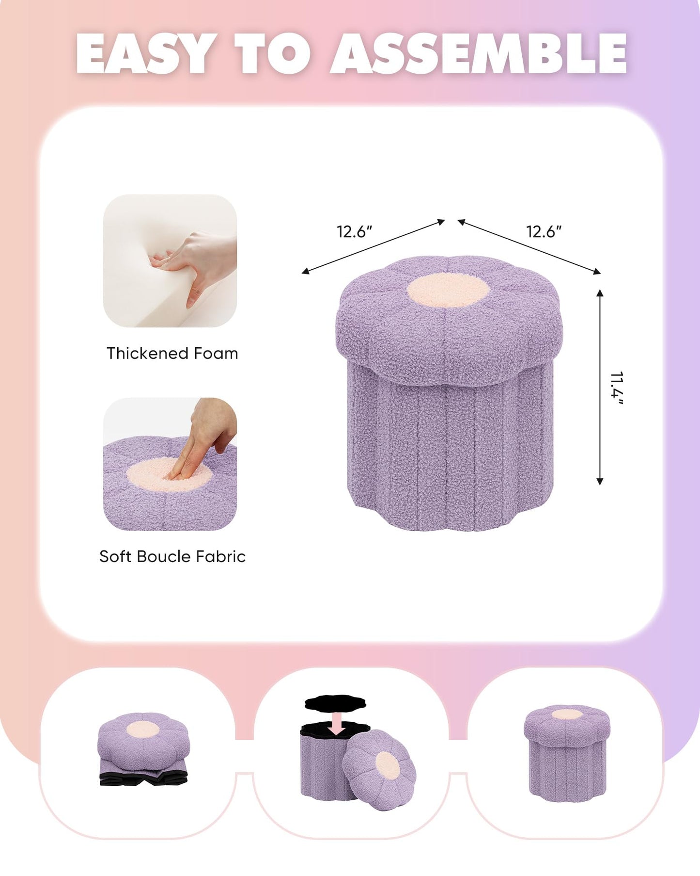 B FSOBEIIALEO Storage Ottoman Foldable, Sunflower Shaped Small Footrest Collapsible Folding Seat Bench for Bedroom Living Room Entryway, Faux Teddy Fur, Purple 12.6"x12.6"x11.4"