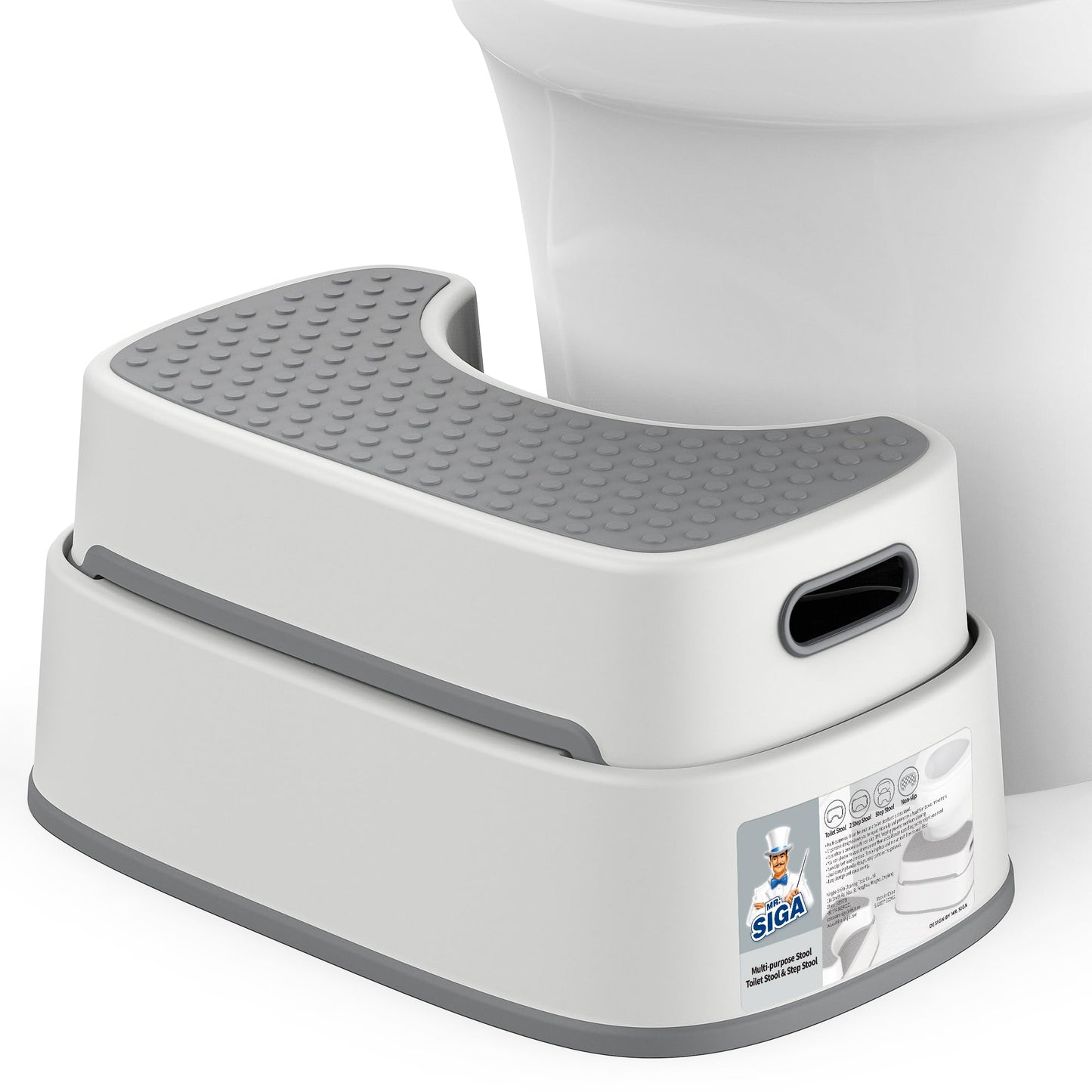 MR.SIGA Toilet Stool Squat Adult, Bathroom Stool Heavy Duty, Anti Slip Toilet Step for Bathroom, Toddler Step Stool for Kids, Off-White & Dark Gray