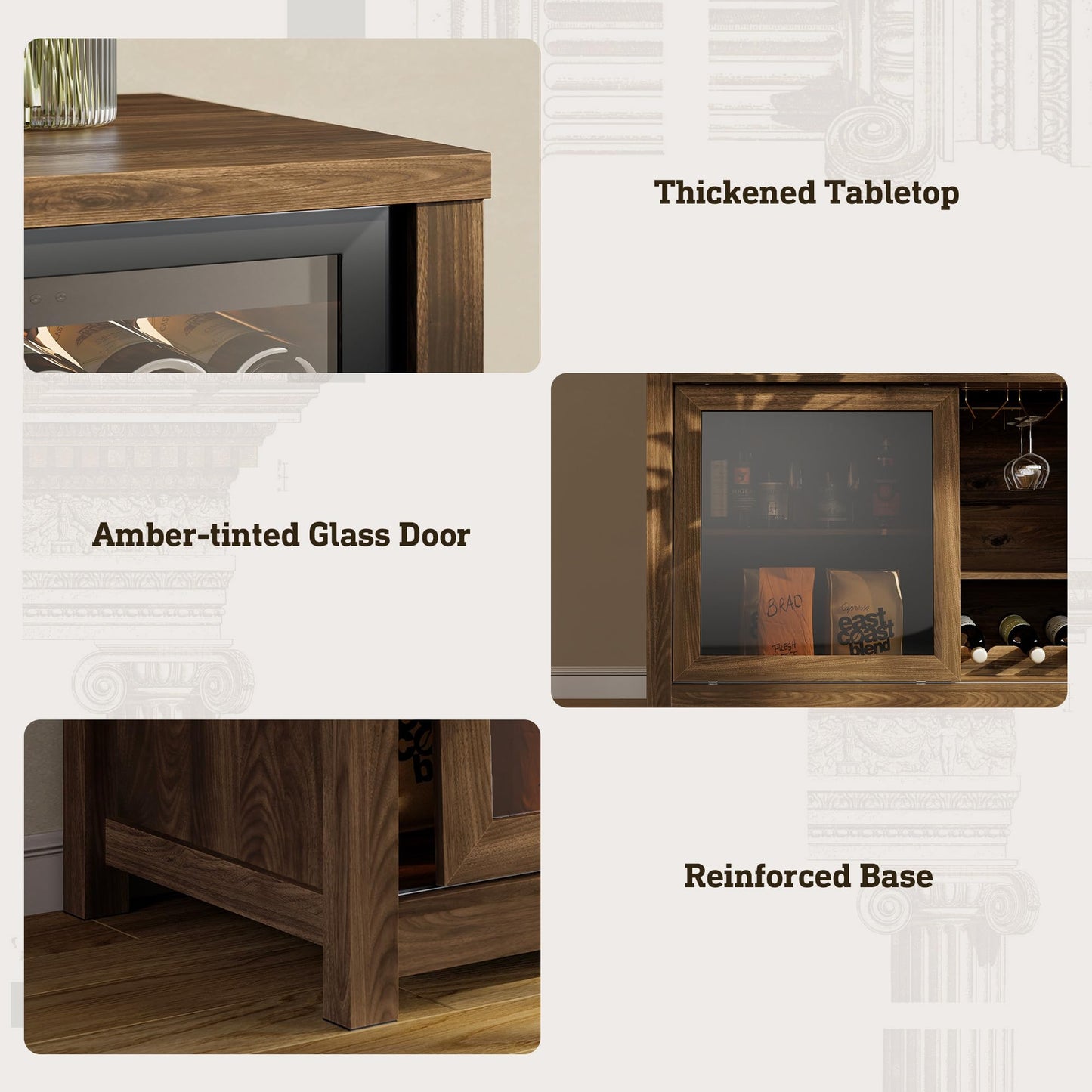 STO'SENSE Extra Large Coffee Bar Cabinet w/Fridge Space&Power Outlet,Lux MiniFridge Cabinet w/2Drawers,Wine Rack,Leather Handle,Adj.Shelves,Bar Tray,Glass Holder&Sliding Door,Buffet Sideboard,Walnut