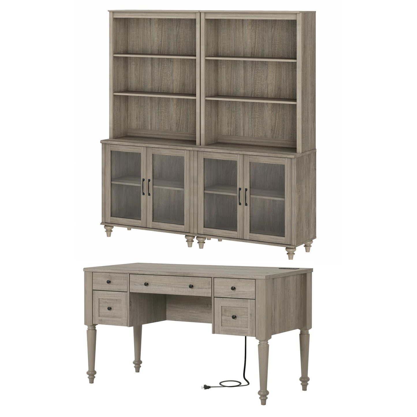 WAMPAT Home Office Furniture Set, 56'' Executive Desk with Charging Station, 72" Tall Bookcase with 4 Glass Doors, Wood Computer Desk with File Cabinet Storage, Open Shelf, Wash Grey