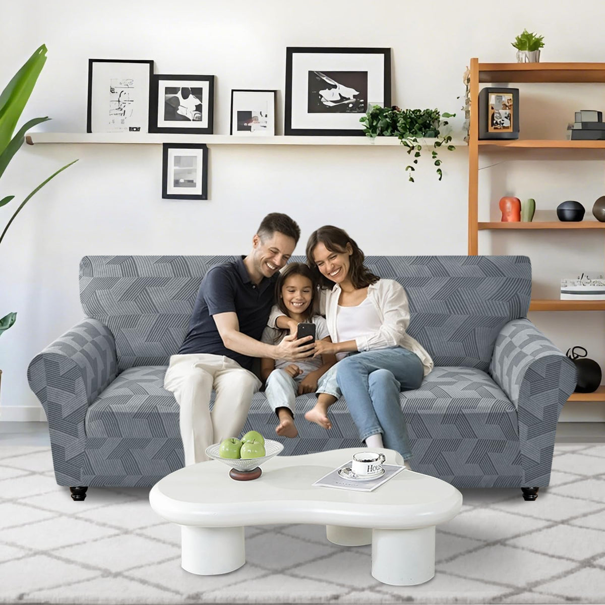 JIVINER 1 Piece Couch Cover for 3 Cushion Couch, High Stretch Sofa Covers with Elastic Bottom, Washable Sofa Slipcovers for Dog, Pets Feature Geometrical Jacquard Fabric (Sofa, Light Grey)