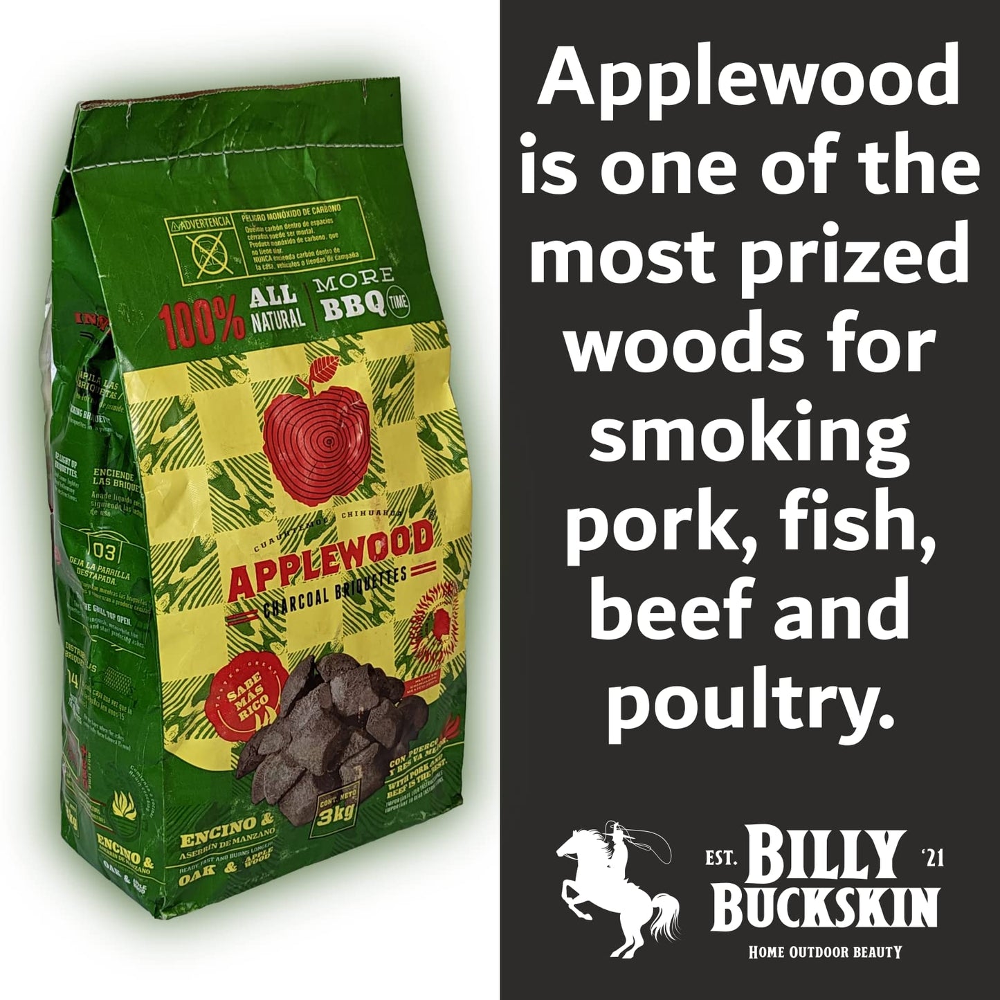 6.5lb Oak & Applewood Charcoal Briquettes - All Natural Wood Charcoal for Grilling - Premium BBQ Briquettes - Quick Light, Pure Hardwood - Long Burning, Rich Smoky Flavor - by Billy Buckskin