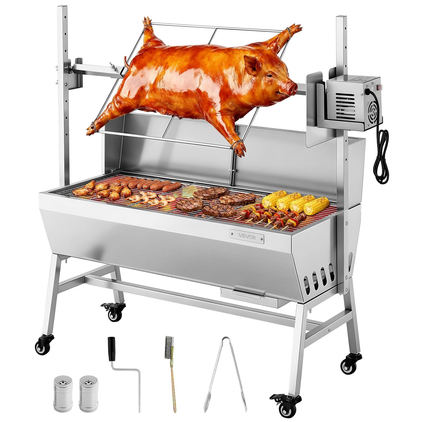 VEVOR Rotisserie Grill, 37in BBQ Outdoor Pig & Lamb Spit Roaster, Charcoal Spit Roaster with 132 LBS Load Capacity & 7-Level Height, Stainless Steel Electric Rotisserie Grill Kit for Camping Outdoor