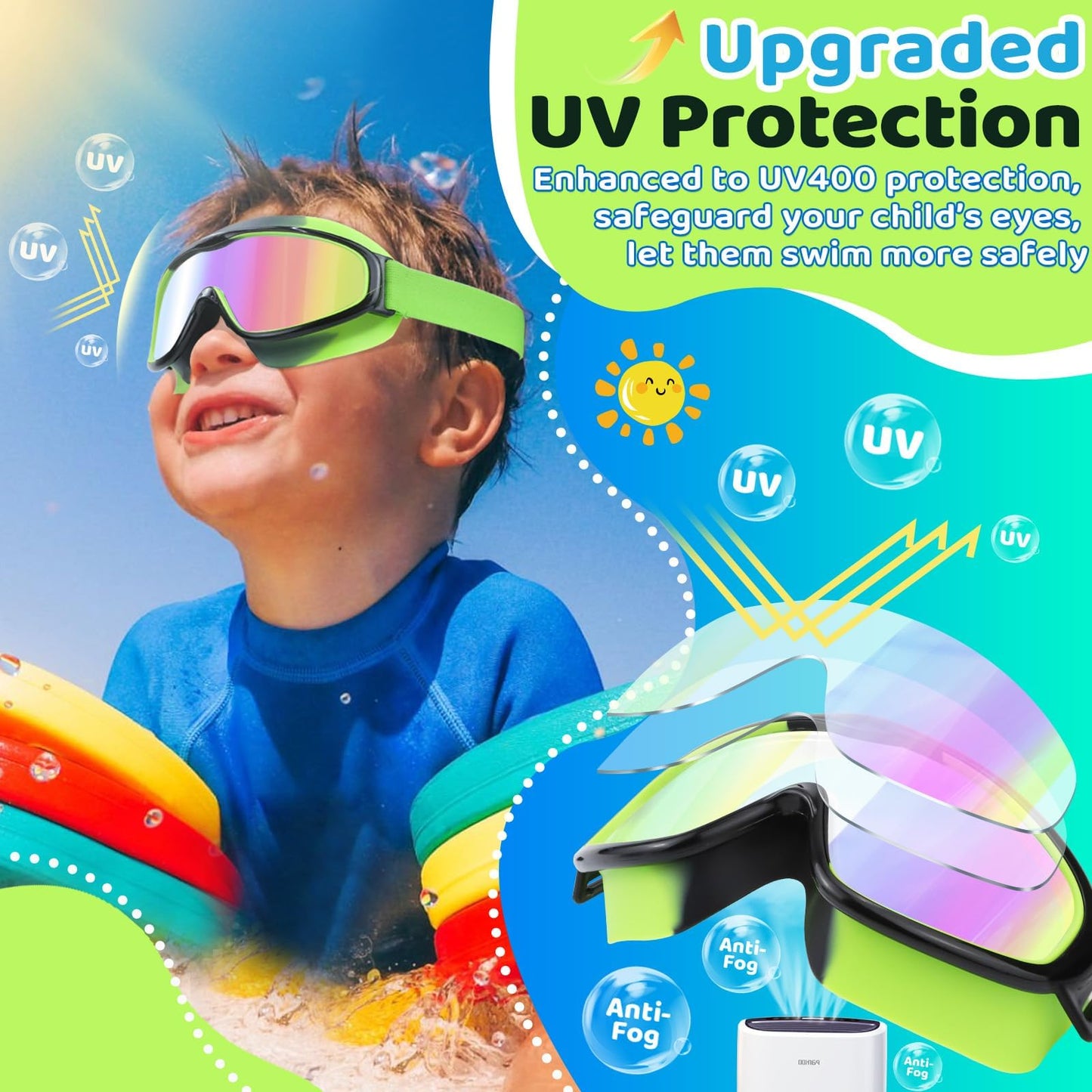 Vvinca Kids Swim Goggles 2 Pack, No Hair Pulling Comfort Fabric Strap Swimming Goggles for Kids Age 3-14, Anti-Fog/UV No Leaking Wide View Swim Mask for Toddler Boys Girls, Summer Pool Essentials